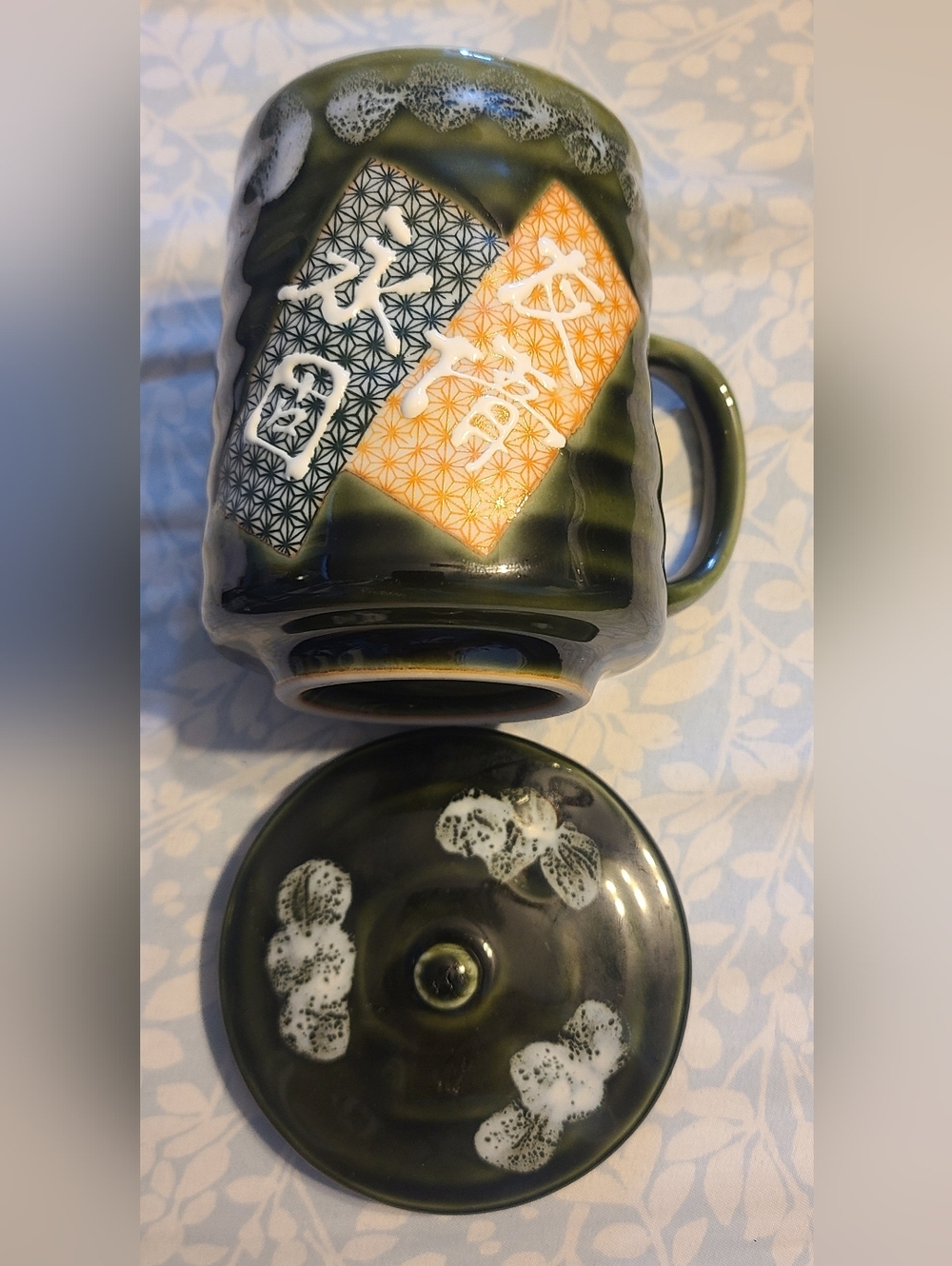 Vintage Japanese Yunomi Tea Mug with Lid Green Drip Glaze Kanji Fate Longevity